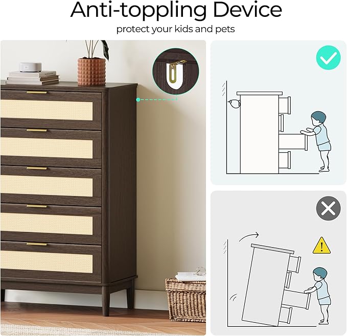 LINSY Rattan 5 Drawer Dresser for Bedroom, 46" Tall Mid-Century Modern Chest of Drawers, Deep Storage Dresser with Curved Corner Design, Large Accent Wood Cabinet for Bedroom, Walnut