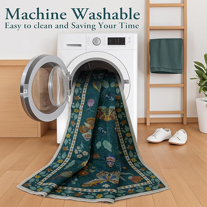 Lahome Insect Print Washable Rugs for Living Room, Soft Area Rug 6x9 Rug for Bedroom Ultra-Thin Non Slip Dining Room Rug, Stain Resistant Modern Rug Large Carpet for Office Nursery(6'x9',Dark Green)