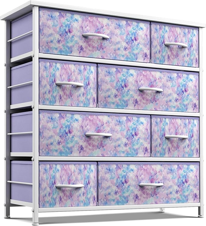 Sorbus Dresser with 8 Drawers - Furniture Storage Chest for Kid’s, Teens, Bedroom, Nursery, Playroom, Clothes, Toys - Steel Frame, Wood Top, Fabric Bins (Tie-dye Purple)