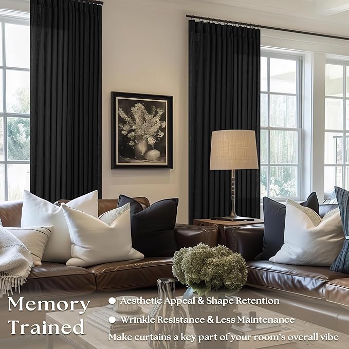 Black Linen Curtains 102 Inches Long 2 Panels for Living Room Modern Thick Linen Flax Pinch Pleated Memory Trained Light Filtering Ceiling Semi Sheer 102 Inch Curtain with Hook Rings Back Tab