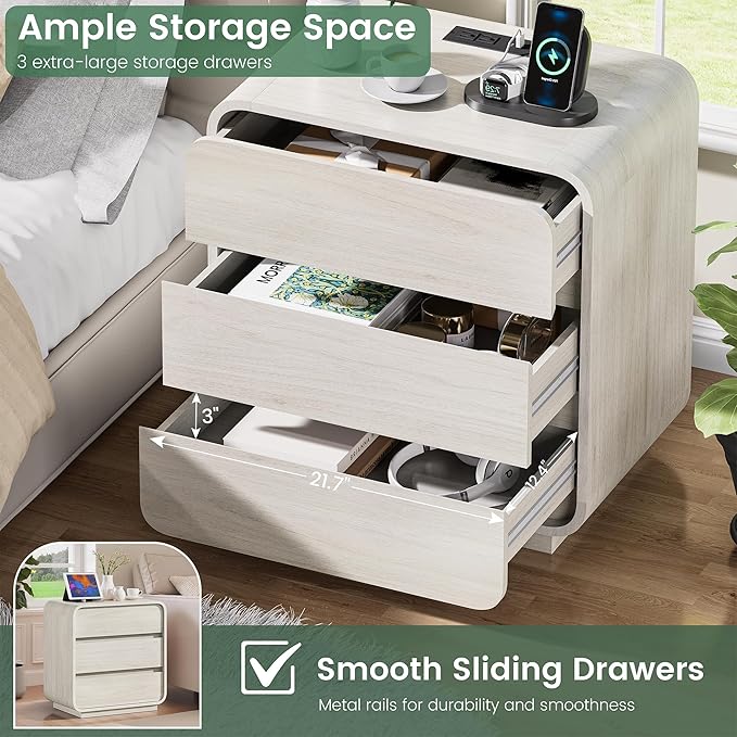 White Nightstand Set of 2 with Charging Station, 23.2" Wide Wood Night Stand, Modern Bedside Table with 3 Storage Drawers, Curved Profile, Mid Century End Table for Bedroom Office