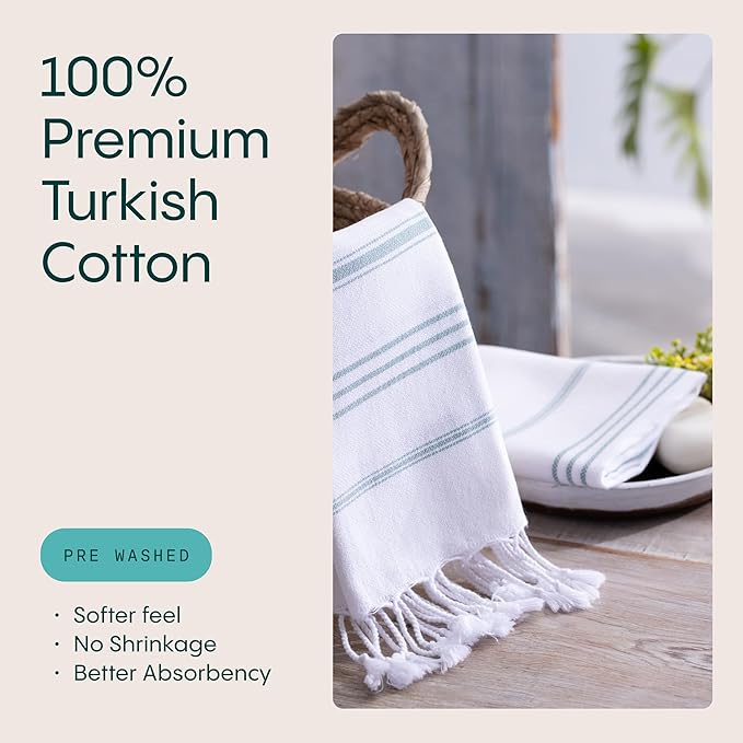 WETCAT Turkish Hand Towels with Hanging Loop, Set of 2 (20" x 30") 100% Turkish Cotton, Pre-Washed, Quick Drying, for Kitchen or Bathroom - Teal & White