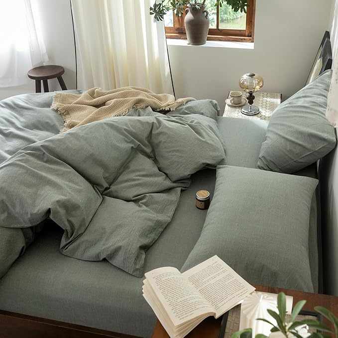 FOSSA Duvet Cover Set 100% Washed Cotton Linen Feel Super Soft Breathable Cozy Simple Style 3 Pieces Bedding Sets Solid Heathered Green Queen