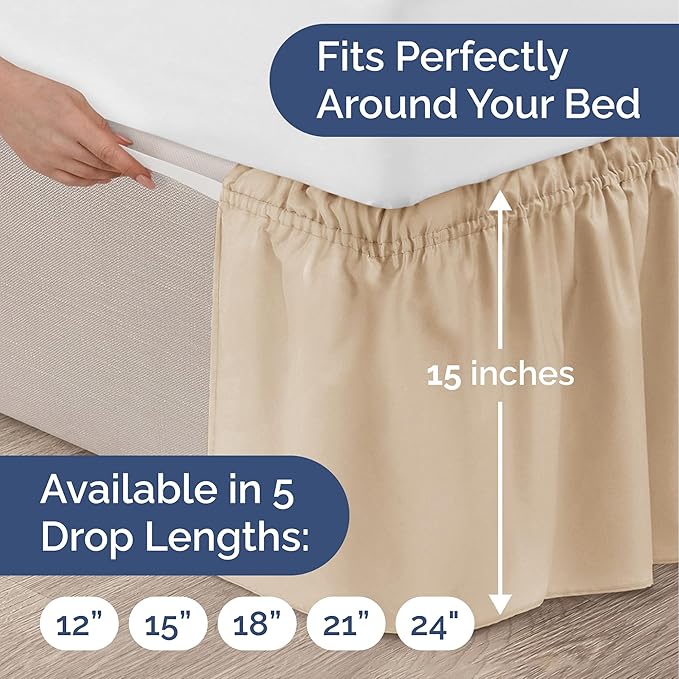Wrap Around Dust Ruffle Bed Skirt – Cream - Twin/Twin XL Size Beds with 15 in. Drop – Easy Fit Elastic Strap - Pleated Bedskirt with Brushed Fabric - Wrinkle Free, Machine Wash - by CGK Linens
