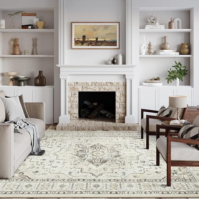zesthome Area Rug 8x10,Ultra-Thin Washable Rugs for Living Room, Non-Slip Backing Area Rugs,Small Entryway Rug,Vintage Medallion Pattern Rugs (Beige,8'x10')