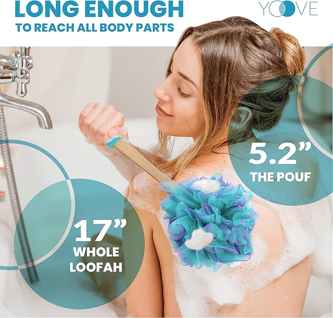 Yoove Bath Pouf with Handle - Body Scrubber Green Loofah for Women - Charcoal Infused Shower Loofah Sponge with Handle - Back Scrubber - Back Shower Sponge