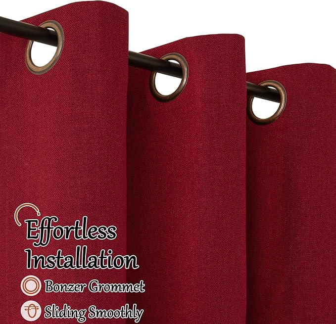 Linen Blackout Curtains for Christmas 72 Inch Long, 100% Black Out Red Thermal Curtains for Bedroom Winter Decor, Thick Heavy Insulated Window Drapery for Nursery, Each 52x72 Inch 2 Panels