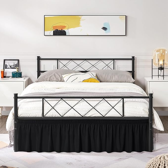 Biscaynebay Wrap Around Bed Skirts with Split Corners for Full Beds 16" Drop, Black Elastic Dust Ruffles Adjustable Easy Fit Wrinkle & Fade Resistant Silky Luxurious Fabric Machine Washable