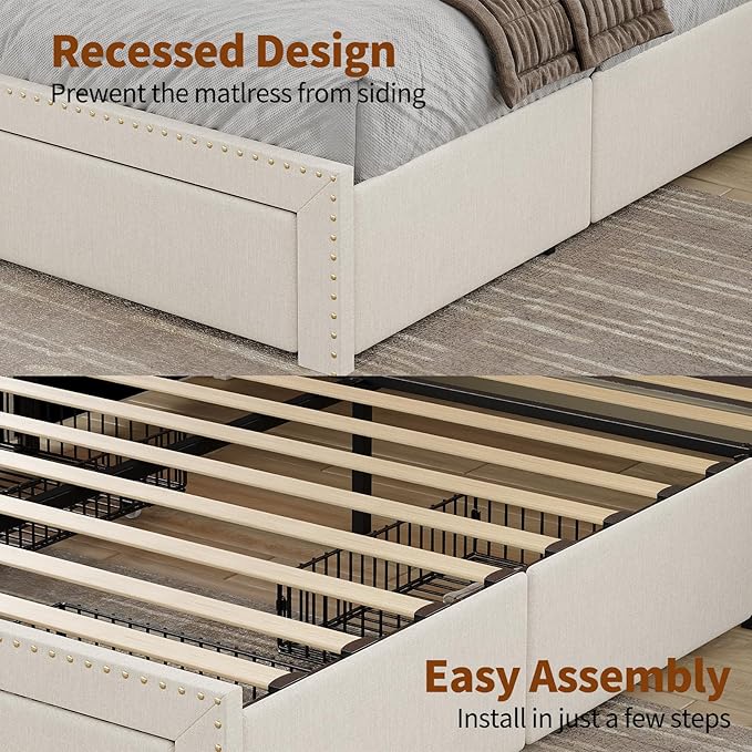 Queen Size Bed Frame with LED Light and Charging Station, Upholstered Bed Frame with 4 Drawers and 2-Tier Storage Headboard, Noise Free, Easy Assembly, Wooden Slats Support, No Box Spring Needed,White