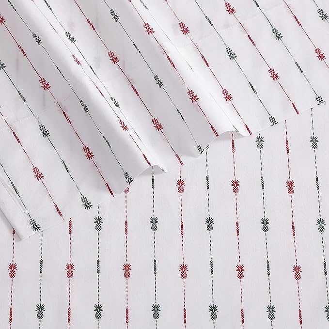 Tommy Bahama - King Size Sheet Set, Crisp & Cool Cotton Percale Bedding with a Smooth Lightweight Feel, 4 Piece Holiday Bed Sheets with Matching Pillowcases (Pineapple Pinstripe Red)