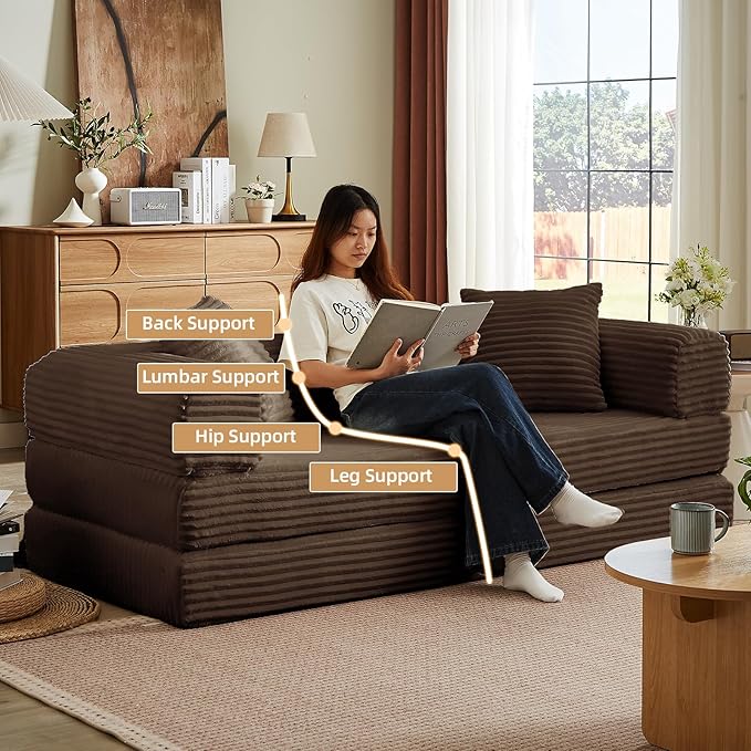 4-in-1 Convertible Folding Sleeper Sofa Bed, Fold Out Floor Sofa Couch with Fixed-Shape Frame, Cloud Corduroy Foldable Mattress Couch for Living Room Bedroom (78" Corduroy, Dark Brown)