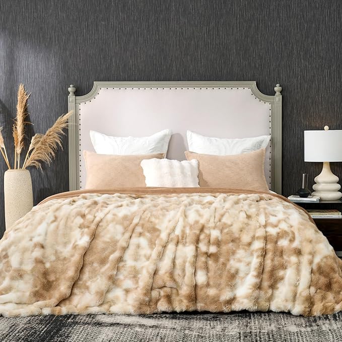 Cozy Bliss Faux Fur Throw Blanket King Size, Fuzzy Soft Plush Thick Bubble Blanket for Bed Couch Bedroom Living Room, 108x90 Inches Tie-dye Beige