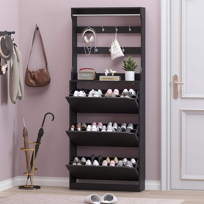 Shoe Cabinet with 3 Flip Drawers & Coat Rack, Narrow Hidden Shoe Storage Cabinet, 2-in-1 Hall Tree Slim Freestanding Shoe Rack Organizer for Entryway, Hallway, and Living Room