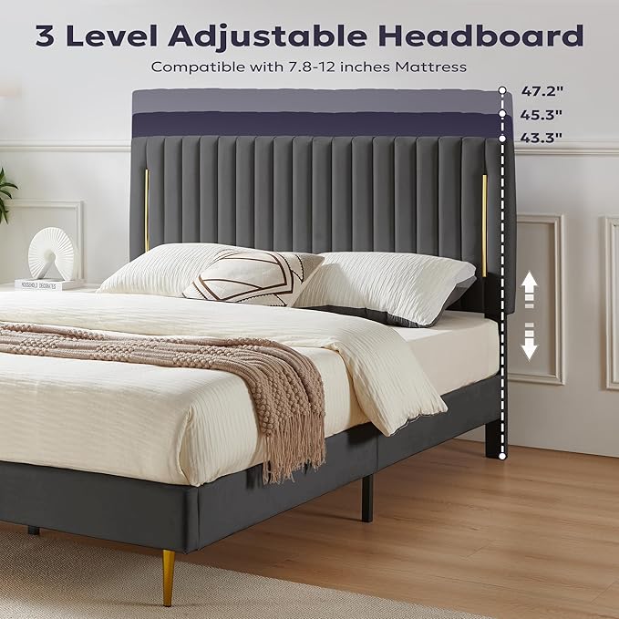 Queen Platform Bed Frame, Velvet Upholstered Bedframe with Vertical Channel Adjustable Headboard, Golden Plating Trim, Mattress Foundation with Wooden Slats, No Box Spring Needed, Grey