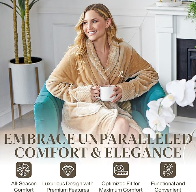 Lotus Linen Plush Robes for Women - Soft Bathrobe, Custom Monogram, Warm Fleece Robe with Pockets