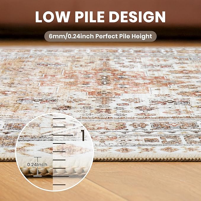 zesthome 9ft Round Rugs for Living Room, Non-Slip Washable Round Area Rugs, Ultra-Thin Large Circle Rugs, Soft Low Pile Rug for Bedroom, Kitchen - Vintage Stain Resistant Round Rug (Orange,9'x9')