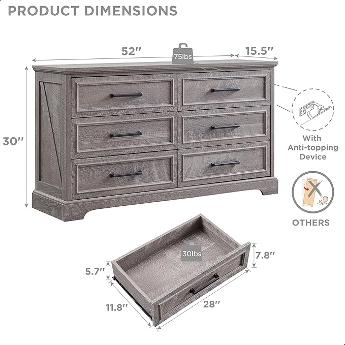 JXQTLINGMU Farmhouse 6 Drawers Dresser for Bedroom, 52'' Wide Large Wood Dressers with Bar Handles, Chests of Drawers with Storage Dressers Organizer for Bedroom, Hallway, Grey