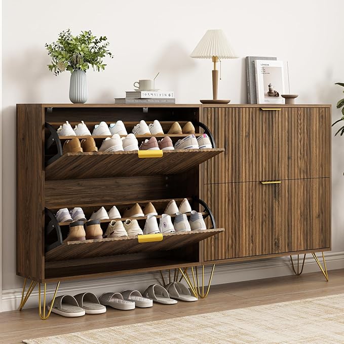 Shoe Cabinet with 2 Flip Drawers Walnut, Fluted Shoe Cabinet Storage for Entryway Slim, Mid Century Narrow Shoe Organizer, Modern Freestanding Shoes Rack for Entryway, Walnut