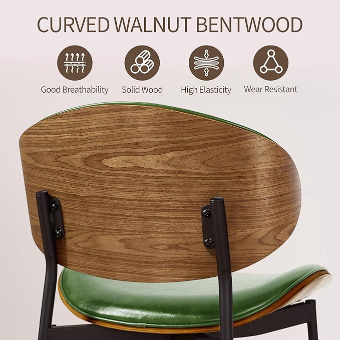 Art Leon Dining Chairs Set of 4, Walnut Bentwood, Mid Century Modern Chair, Green Faux Leather Kitchen Dining Room Chairs with Black Metal Legs, Accent Chairs for Bedroom