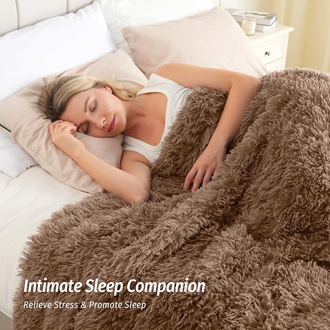 Wemore Shaggy Long Fur Faux Fur Weighted Blanket,Cozy and Fluffy Plush Sherpa Long Hair Blanket for Adult 15lbs,Fluffy Fuzzy Sherpa Reverse Heavy Blanket for Bed,Couch, Brown 48 x 72 Inches