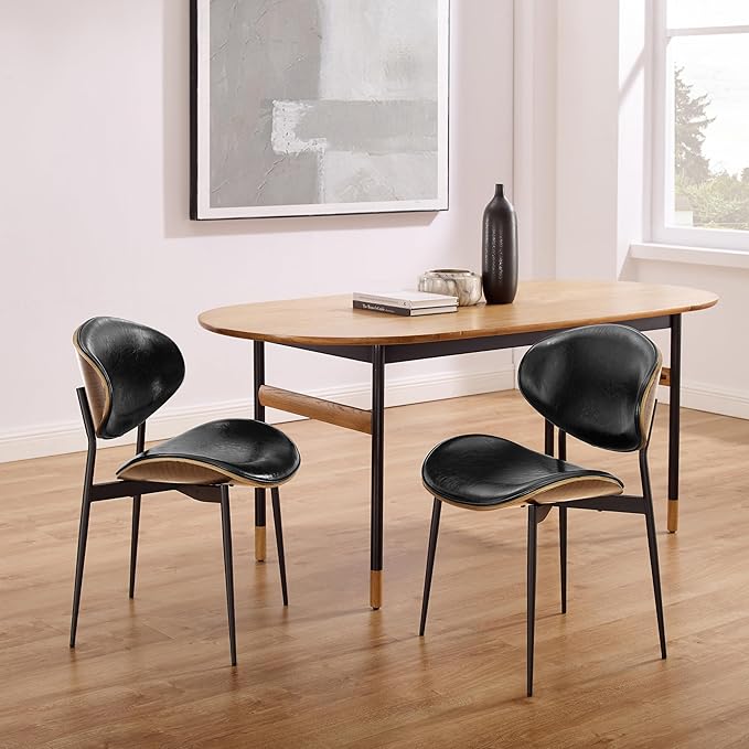 Art Leon Modern Faux Leather Dining Chairs, Set of 2, Mid Century Desk Chair No Wheels, Armless Accent Chair with Black Metal Legs, Black/Walnut