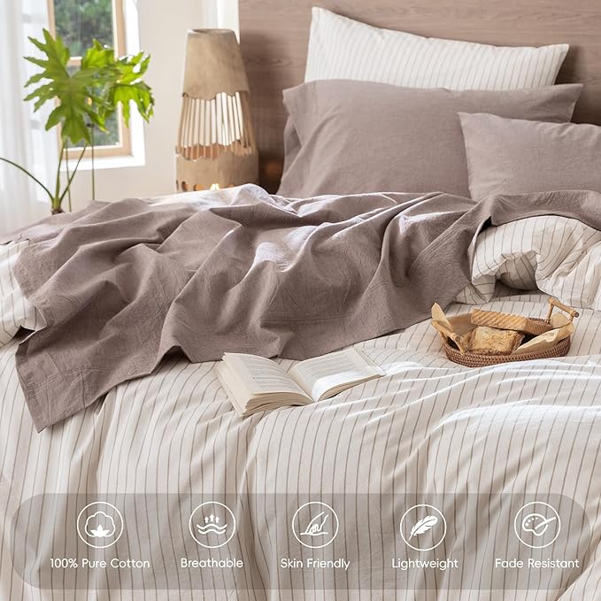 MooMee Bedding Sheet Set 100% Washed Cotton Linen Like Textured Breathable Durable Soft Comfy (Heathered Mauve Brown, Twin)