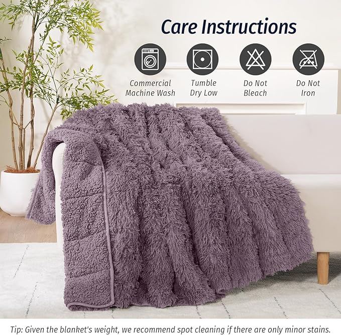 Wemore Shaggy Long Fur Faux Fur Weighted Blanket, Cozy and Fluffy Plush Sherpa Long Hair Blanket for Adult 20lbs, Fluffy Fuzzy Sherpa Reverse Heavy Blanket for Bed, Couch, Pink Purple, 60 x 80 Inches
