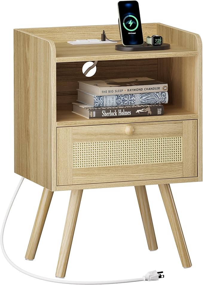 SUPERJARE Nightstand with Charging Station & Rattan-Like Decor Drawer, Rattan End Table with Solid Wood Feet, Bed Side Table with Open Storage, for Bedroom, Living Room, Dormitory - Natural