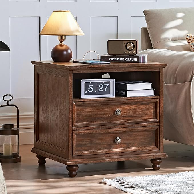 24" Wide Farmhouse Nightstand Set of 2 with Charging Station,End Table with 2 Drawers,Brown Wood Dresser for Bedroom Cabinet, Bed Side Table Chest of Drawers, Night Stand for Living Room
