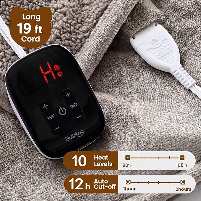 Bearhug Electric Blanket Twin Size 62" x 84", Velvet & Sherpa Heated Blanket, 5-Year Warranty, 10 Heating Levels & 1-12H Auto Off, Over-Heat Protect, ETL Certification, Machine Washable
