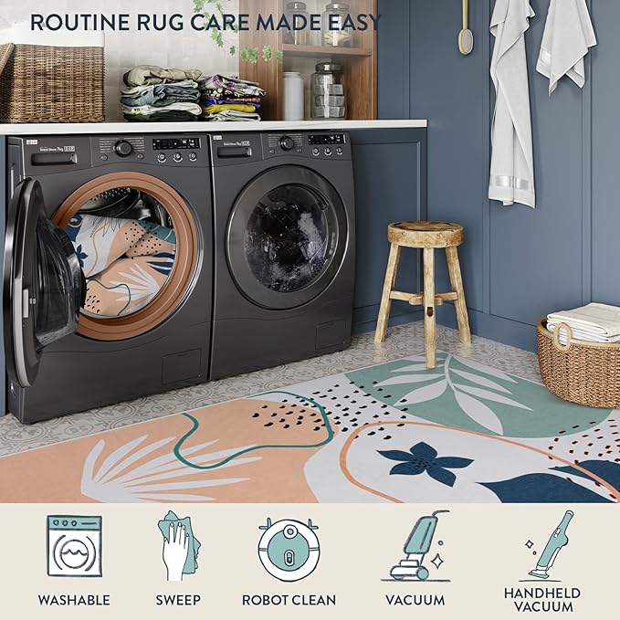 Lahome Machine Washable Rugs 8x10 - Ultra-Thin Soft 8x10 Rugs for Living Room Non-Slip Large Bedroom Rug, Boho Botanical Print Indoor Stain Resistant Floor Rug for Dining Room Table Office