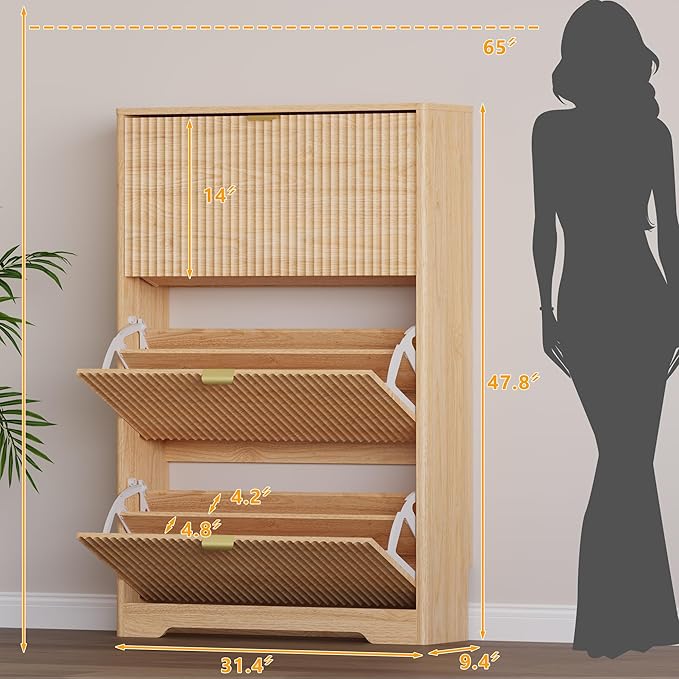 Entryway Shoe Cabinet with 3 Flip Drawers, Narrow Shoe Organizer Cabinet with Fluted Panel and Adjustable Shelves for Foyer, Hallway