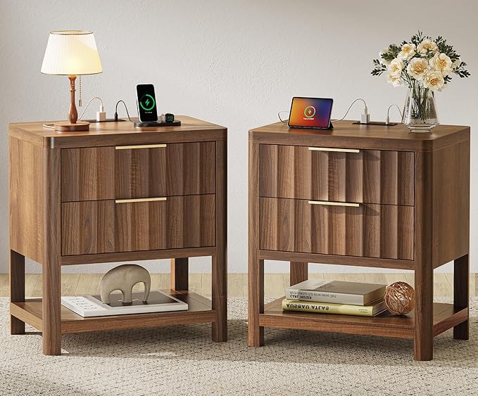 Huuger 27.6 Inch Tall Night Stands with Charger Station, USB-C Port, Fluted Nightstand Set of 2, Larger Wider Bed Side Table with 2 Deep Drawers, Open Shelf, Bedroom Living Room End Table, Walnut