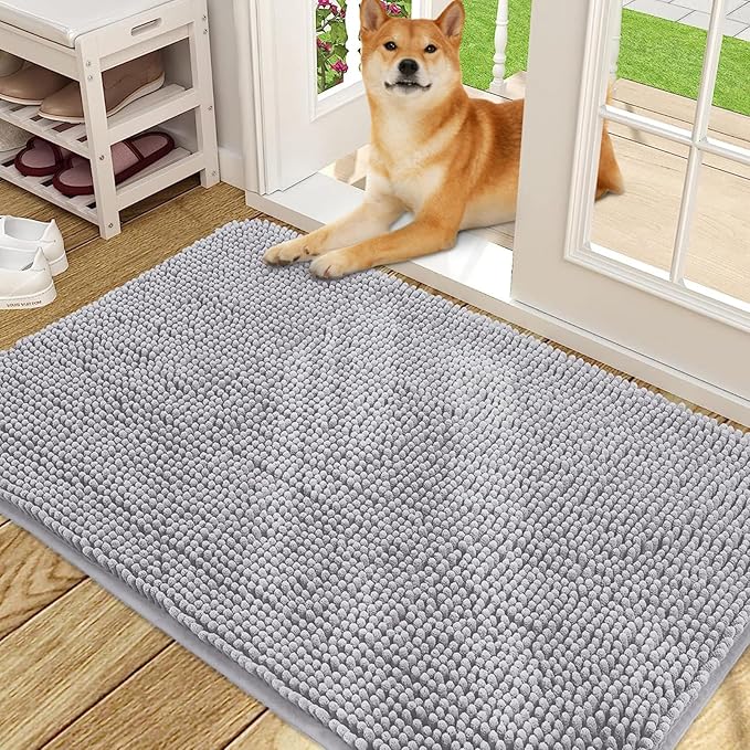 OLANLY Dog Door Mat for Muddy Paws 48x30, Absorbs Moisture and Dirt, Absorbent Non-Slip Washable Doormat, Quick Dry Chenille Mud Mat for Dogs, Entry Indoor Entryway Carpet for Inside Floor, Light Grey