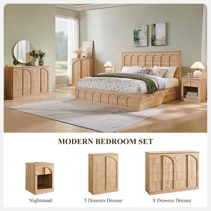ACCOHOHO Large Dresser for Bedroom with 8 Drawers with Arched Panel,Modern Minimalist Chest of Drawers with Gold Handles,Wood Storage Closet Dressers Tv Stand for Living Room, Hallway,Natural Oak