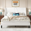VECELO Queen Bed Frame with Upholstered Wingback Headboard, Heavy-Duty Platform Bedframe with Charging Station, Wooden Slats, No Box Spring Needed, White