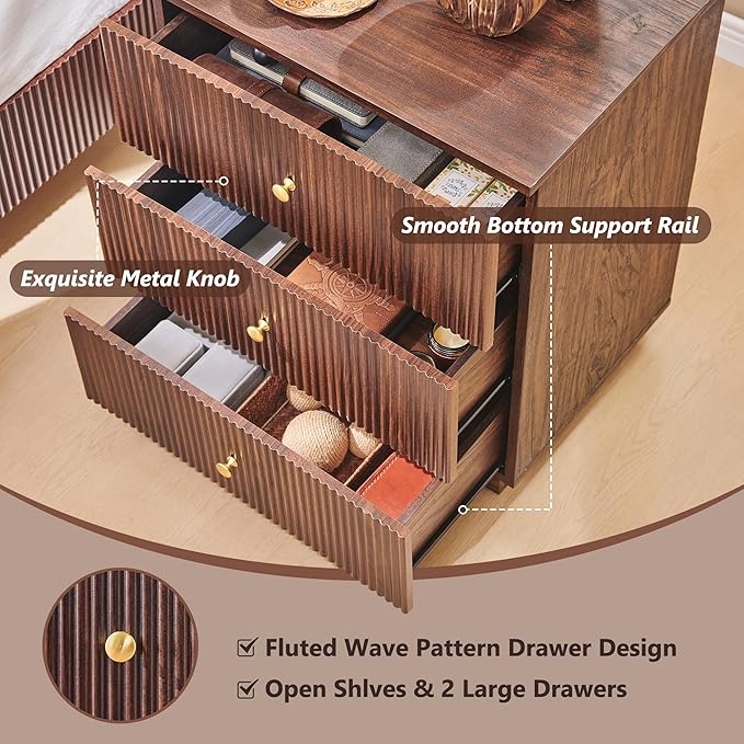 Fluted Night Stand with Charging Station, 21.65" Nightstand with 3 Drawer, 3 Drawer Dresser for Bedroom, Morden End Table Chests of Drawers Bedside Table for Bedroom, Living Room,Brown