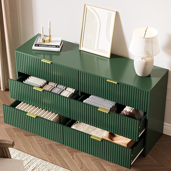 Green 6 Drawer Dresser for Bedroom, 55" Wide Modern Chest of Drawers with Gold Metal Handles, Fluted Wood TV Stand for Living Room, Hallway