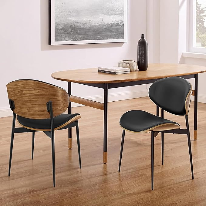 Art Leon Genuine Leather Dining Chairs Set of 2, Mid Century Modern Chair, Upholstered Kitchen Dining Room Chairs, Armless Accent Chair with Black Walnut Bendwood, Black