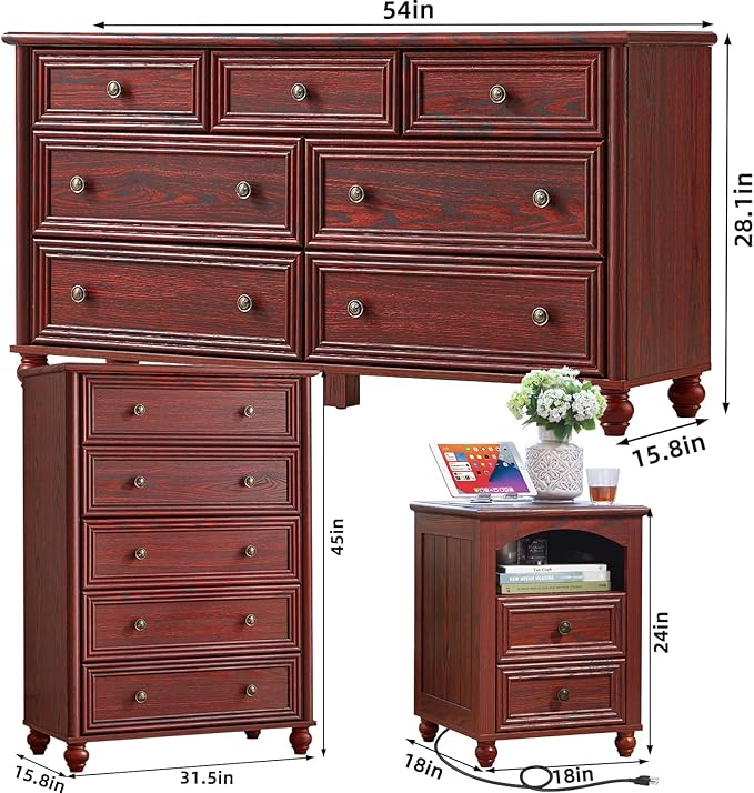 Farmhouse Dressers & Night Stand Set of 4, Wood 54" Wide Dresser & 45" Tall Chest of Drawers, 18" with Charging Station Nightstand Set of 2, Bedroom Furniture Dresser Set for Home Living Room Hallway