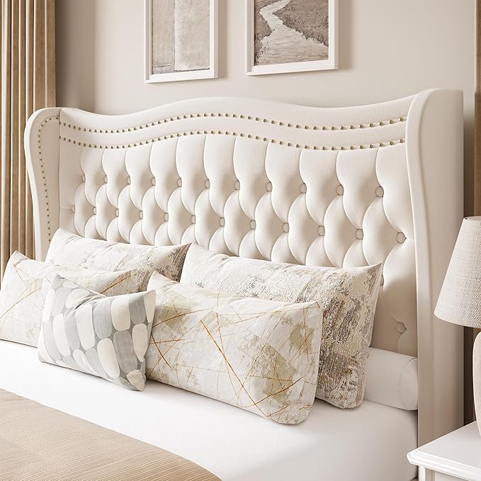 Upholstered Queen Size Bed Frame with Tall Headboard, Velvet Wingback Platform Bed Frame with Deep Button Tufted, No Box Spring Needed, Noise Free, Beige