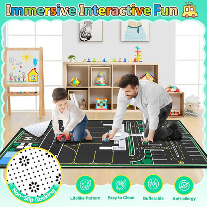 Kids Rug, Road Carpet for Kids with Combined City Road Traffic System, Car Rug and Airport Play Mat, 4x6 Ft Children’s Play Rugs for Playroom, Children’s City Traffic Map Fun Car Mat,Non-Slip