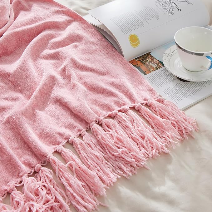 CozeCube Chenille Throw Blanket for Couch, Cozy Plush Fuzzy Decorative Pink Blanket with Fringe Tassels, Lightweight Throws for Bed Sofa Gift Home Decor, 50"X60"