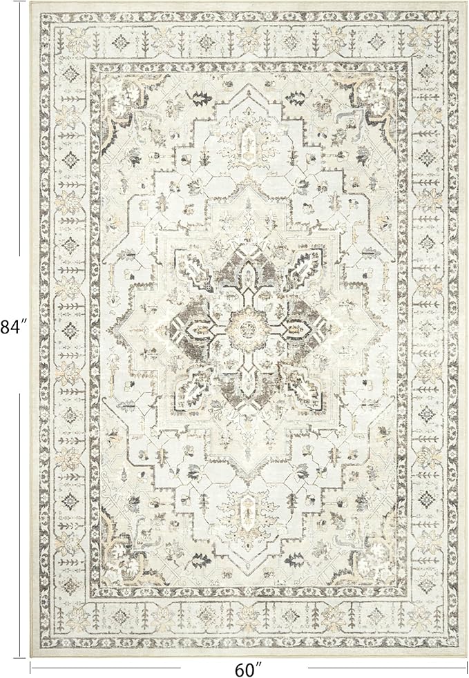 zesthome 5x7 Area Rugs, Machine Washable Rugs for Living Room, Bedroom,Stain Resistant Vintage Large Area Rug,Non-Slip Medallion Pattern Home Decor Rugs (Beige,5'x7')