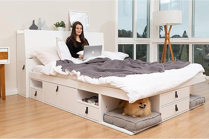 memomad Bali Set: Storage Platform Bed with Drawers + Bookcase Headboard (Queen Size, White Wood)