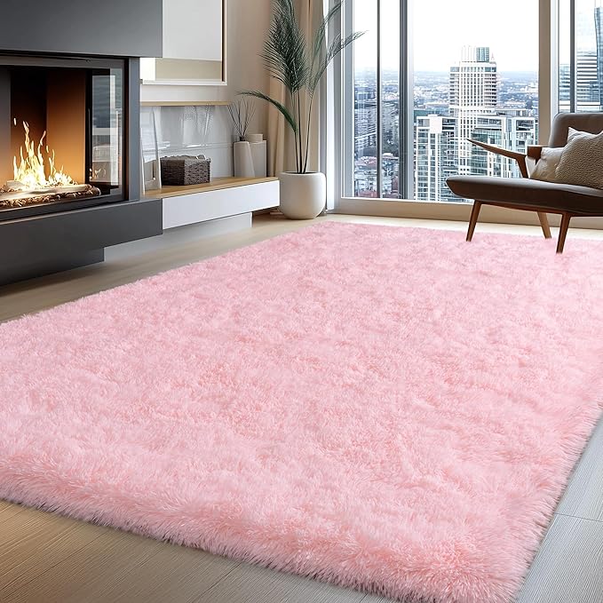 Pink Rugs for Bedroom Girls, 4x6 Fluffy Area Rug for Living Room, Soft Shag Carpet for Kids Room Dorm, Indoor Fuzzy Shaggy Rug, Cute Home Decor