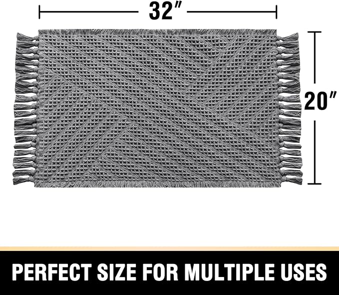 H.VERSAILTEX Waffle Bath Mat Super Absorbent Boho Bath Mat Non Slip Bath Rugs for Bathroom Floor Machine Washable Dry Fast Bathroom Rugs with Tassels, 20" x 32", Gray
