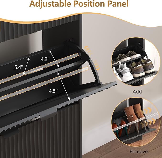 Shoe Cabinet Storage for Entryway with 4 Flip Drawers, Black Fluted Shoe Cabinet with Bench, Wooden Hidden Shoe Rack Freestanding Narrow Slim Shoes Storage Organizer for Hallway, Entrance