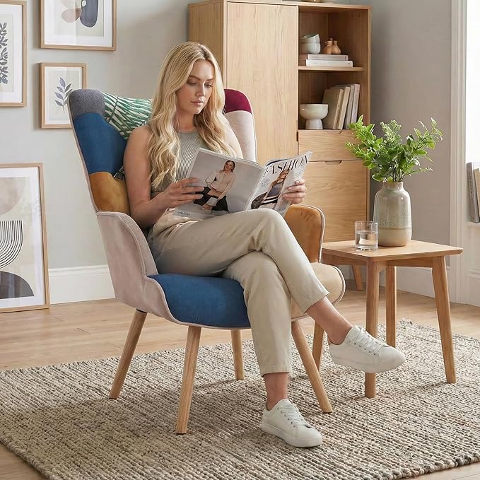 Joysoul Living Room Accent Chair Modern High Back Arm Chair, Colorful Plaid Bohemian Style Chairs for Bedroom Waiting Room