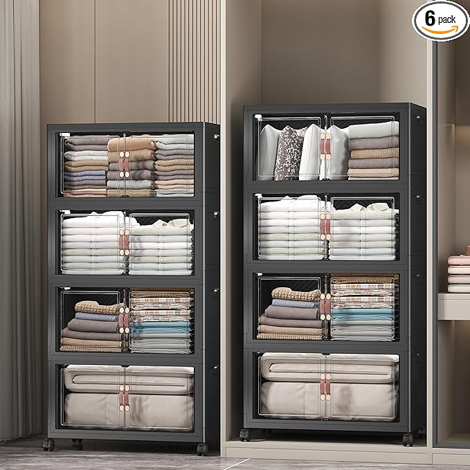 Extra Large Stackable Storage Bins with Lids & Wheels & Door, 896QT-112QT/28GAL*8Pack Foldable Collapsible Closet Organizers, Plastic containers drawers for bedroom Dorm